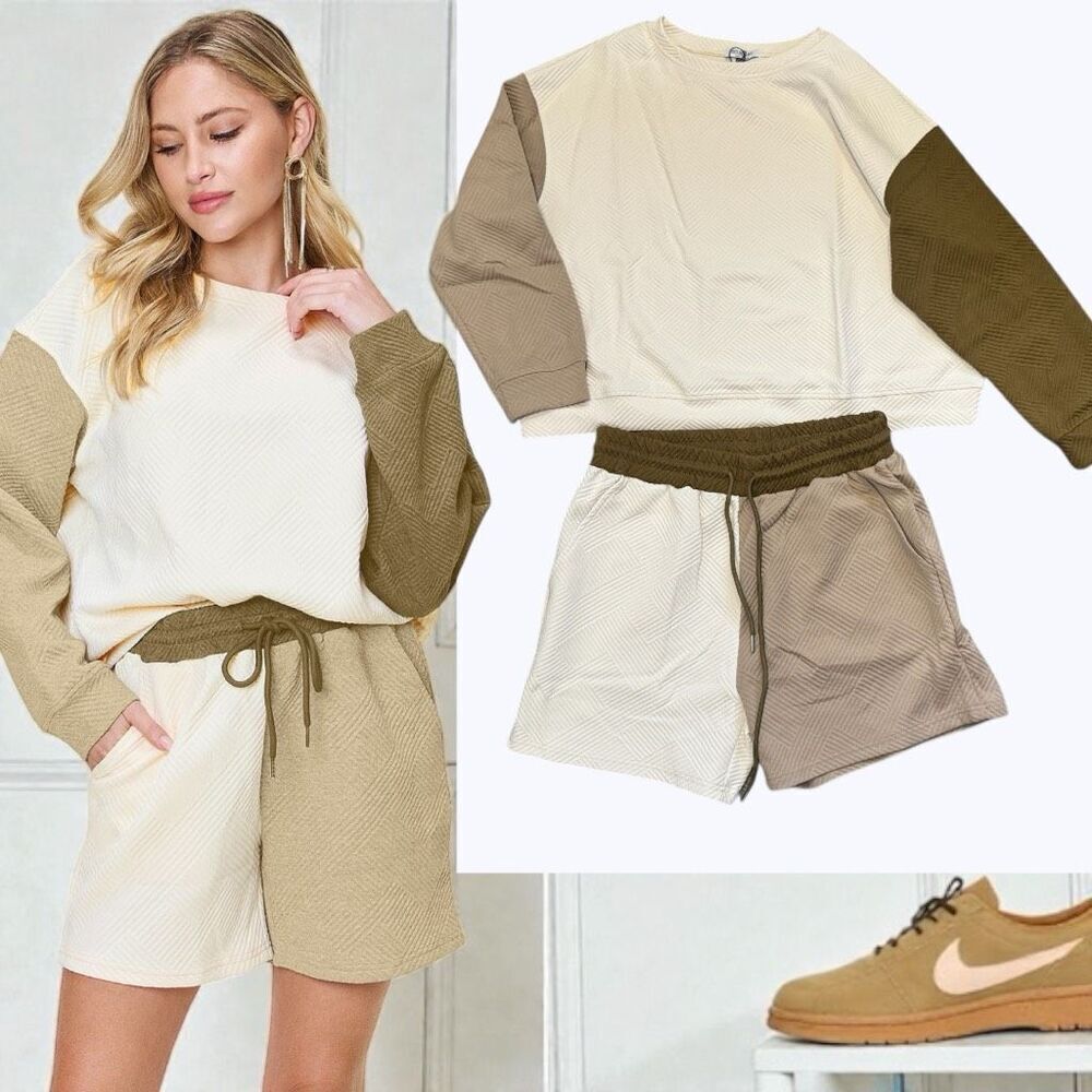 Khaki Contrast Color Block Long Sleeve Top & Shorts Lounge Set NWT